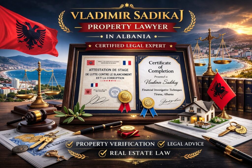 Vladimir Sadikaj property lawyer in Vlore Albania certificates and legal credentials