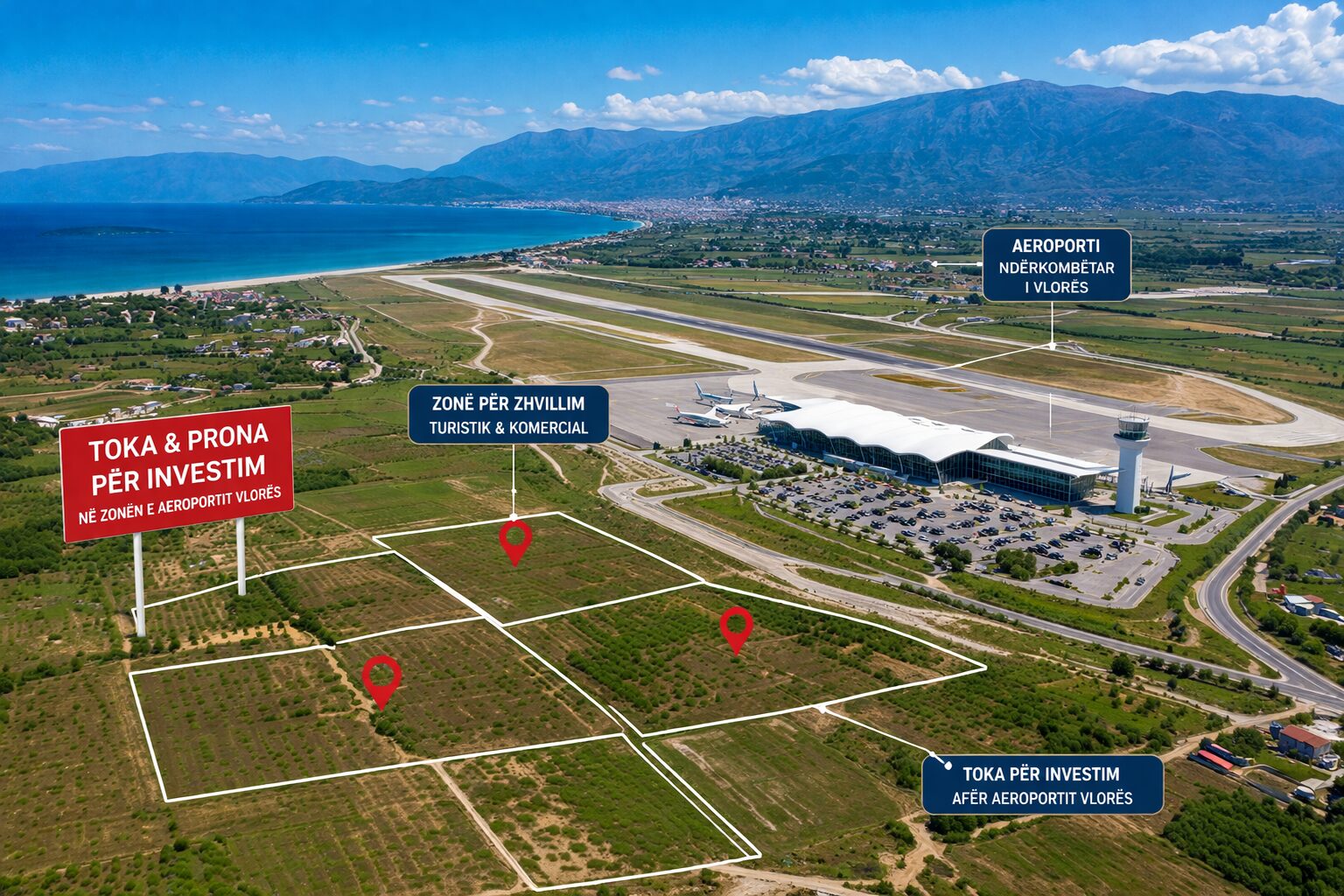 where investors buy near Vlora airport land property investment Albania